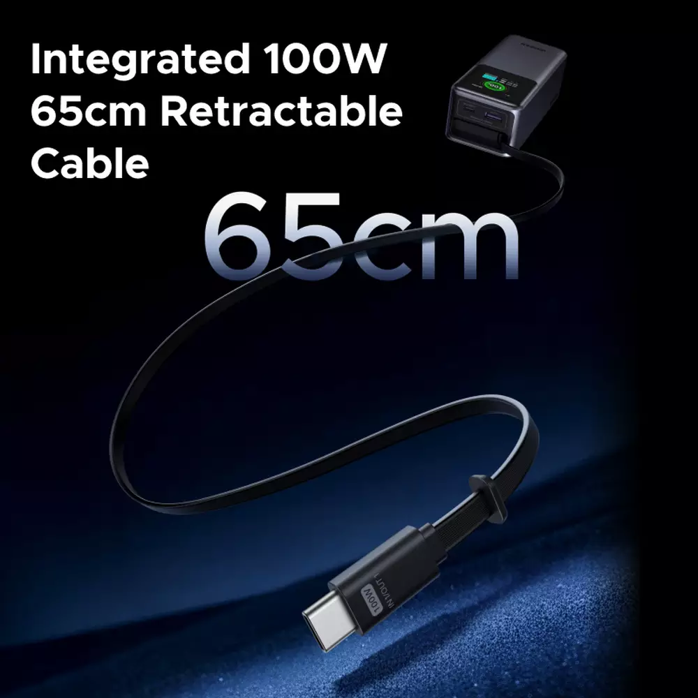 Integrated 100W 65cm retractable USB-C cable